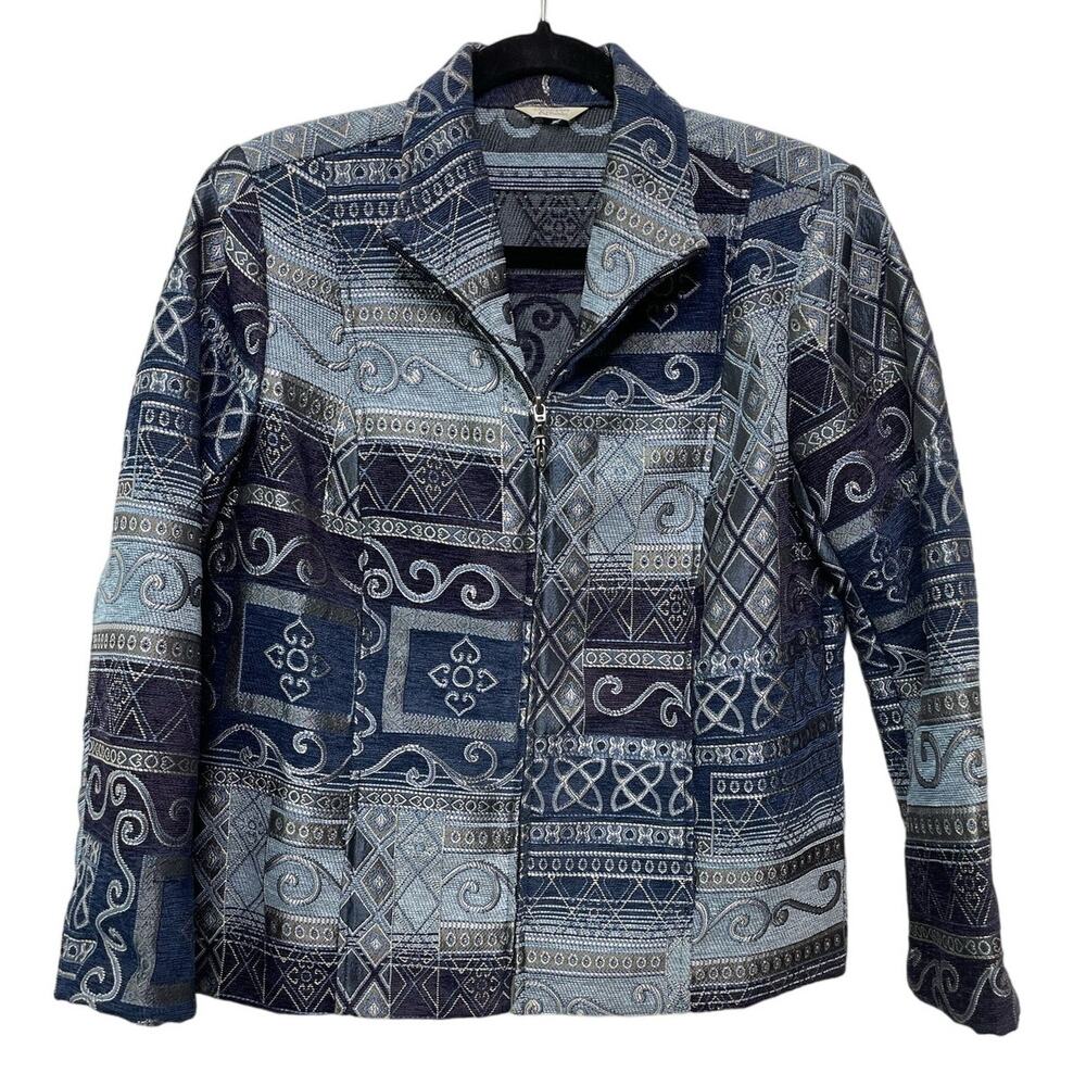 Christopher & Banks Tapestry Blazer Jacket Full Zip Denim Blue Patchwork Size XL